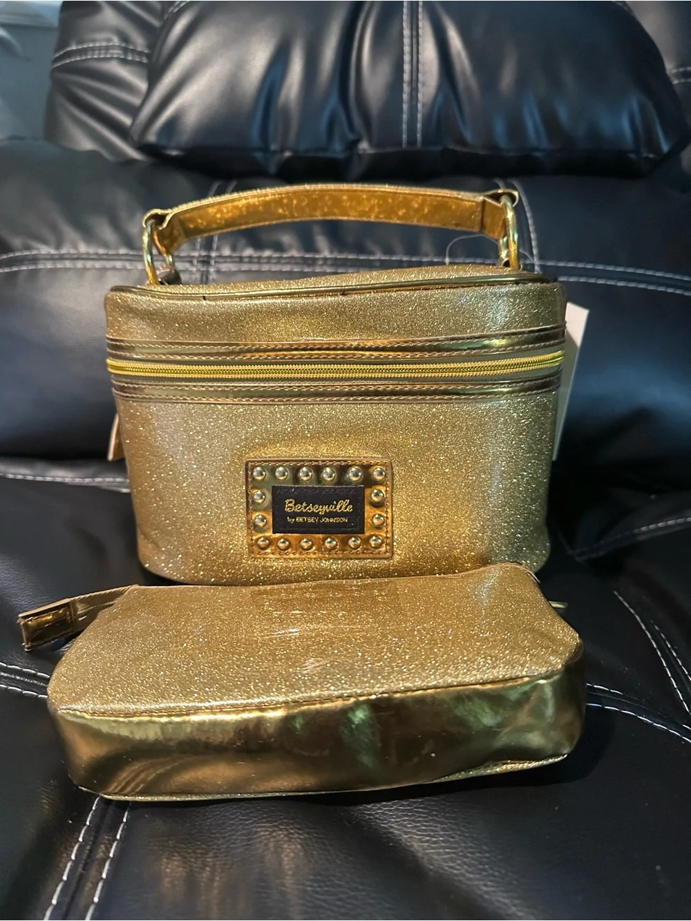 Betsey Johnson Gold Glitter Cosmetic Case Set